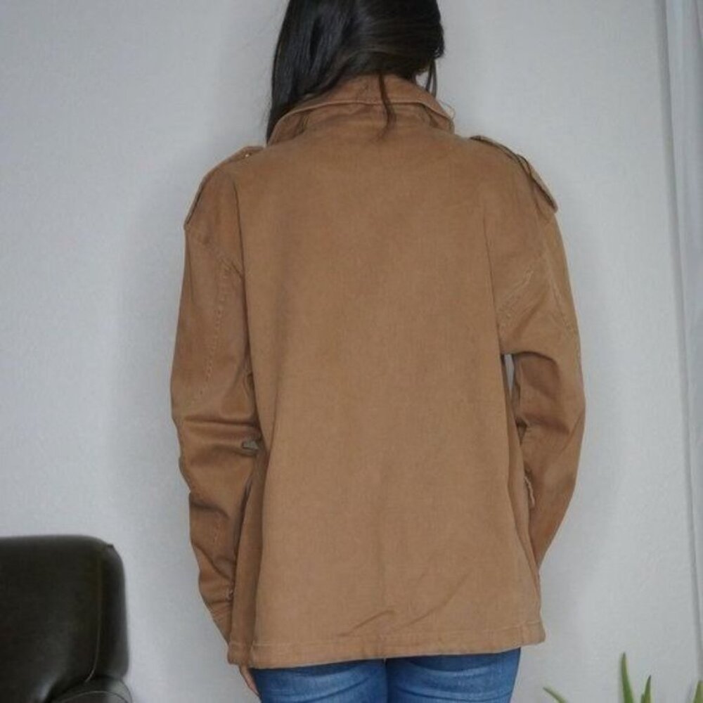 Brown Oversized Jean Jacket with Patches Zipper & Snap Button Closure Size M - Picture 2 of 11
